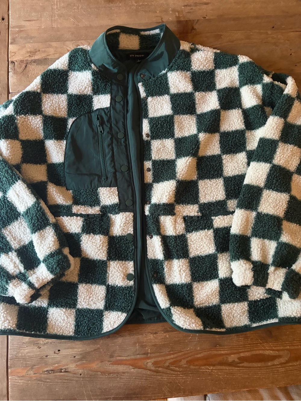 Blu Pepper Checkered Sherpa Jacket in Green and White